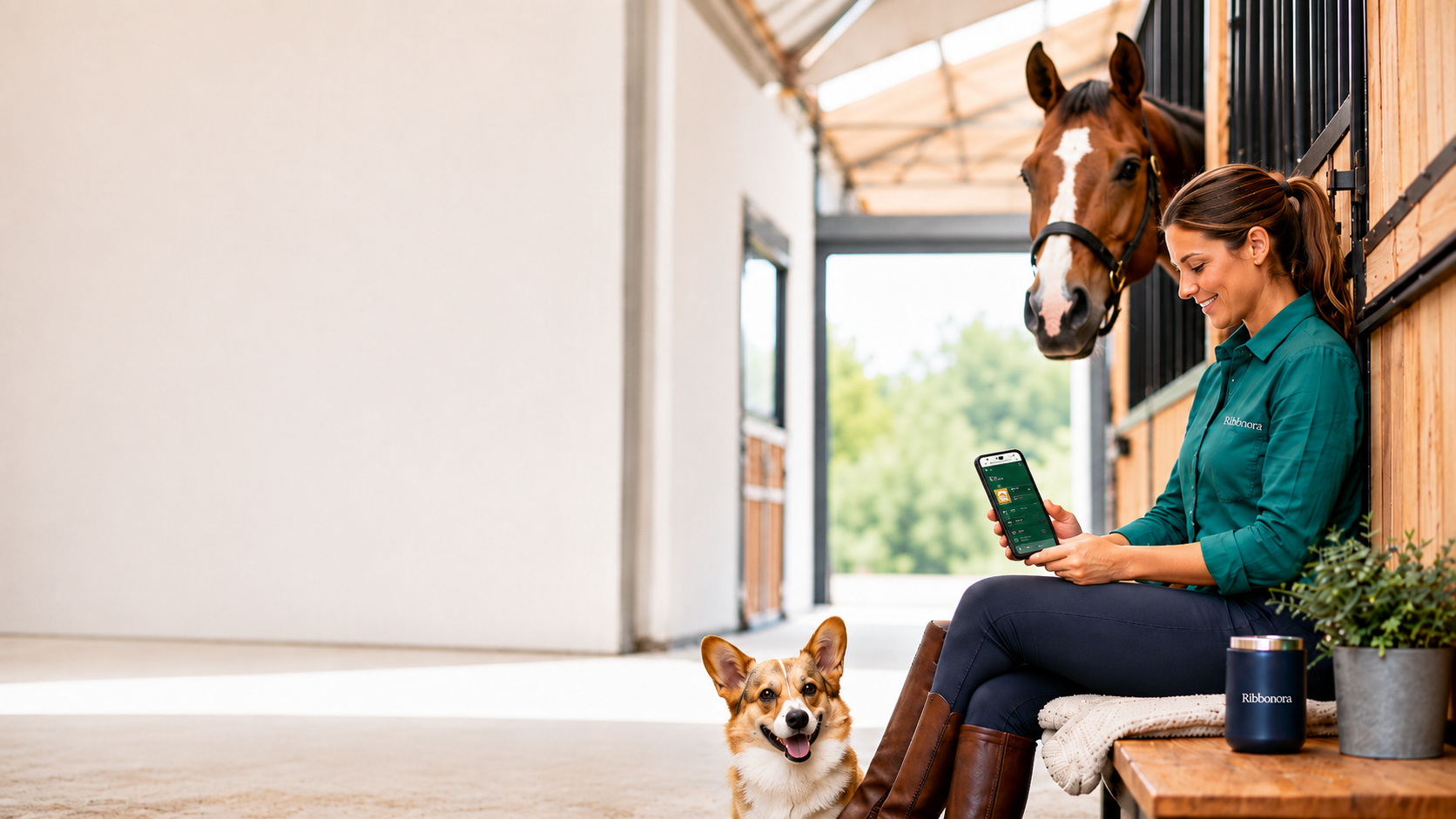 Woman using Ribbonora on her phone with her horse and dog in the barn