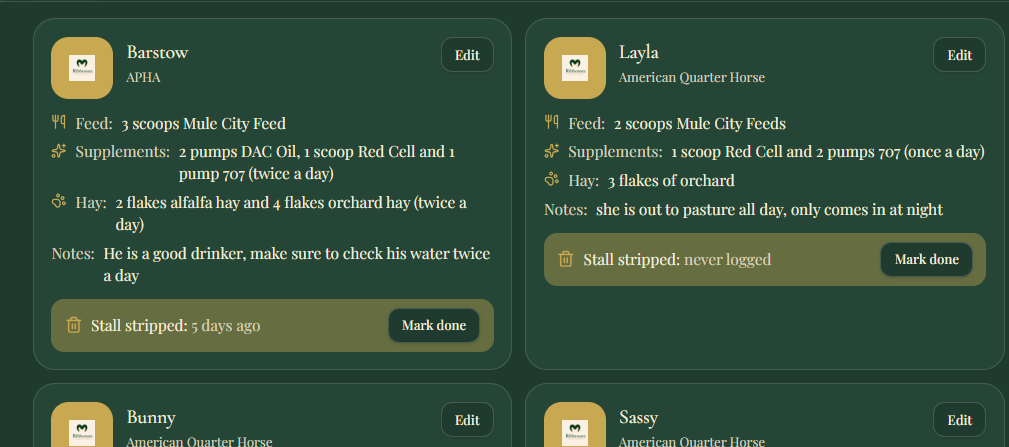 Feed, supplements, and stall tracking